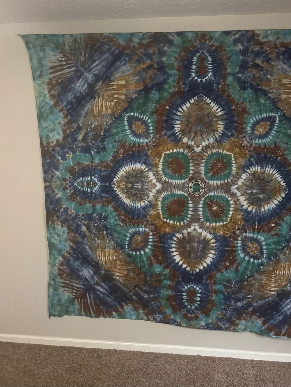 Handmade Tie-Dye Wall Tapestry in Teal, Navy and Brown